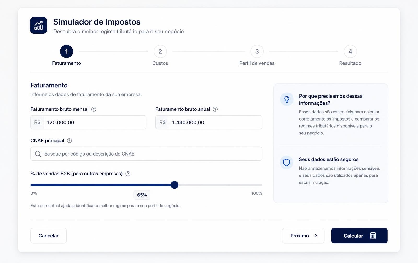 Formulário em passos do simulador com faturamento, CNAE e mix B2B